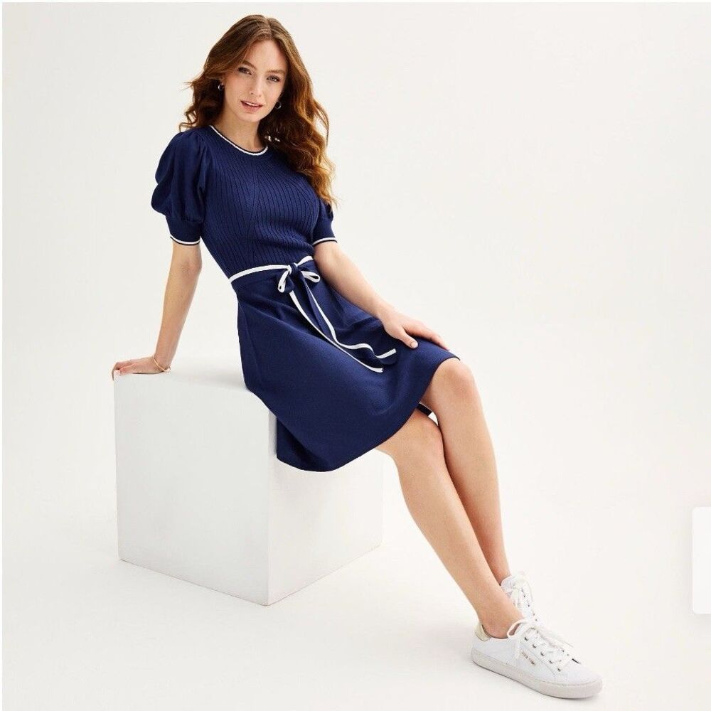 Women's Draper James Belted Elbow Sleeve Sweater Dress 2XL Blue /White Midi New - Picture 3 of 14